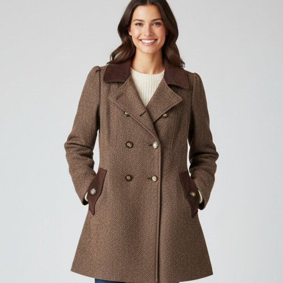 Jessica Simpson Tweed Coat M Brown Pink  Double Breasted Faux Suede Y2K Warm - Picture 1 of 12